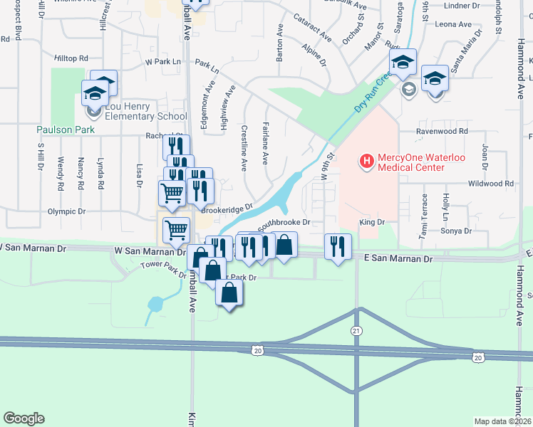 map of restaurants, bars, coffee shops, grocery stores, and more near 211 Southbrooke Drive in Waterloo