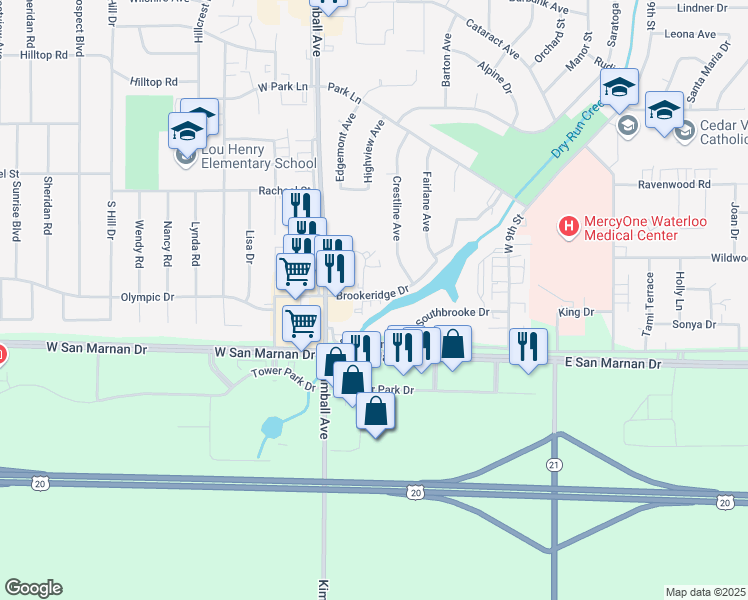 map of restaurants, bars, coffee shops, grocery stores, and more near 144 Brookeridge Drive in Waterloo