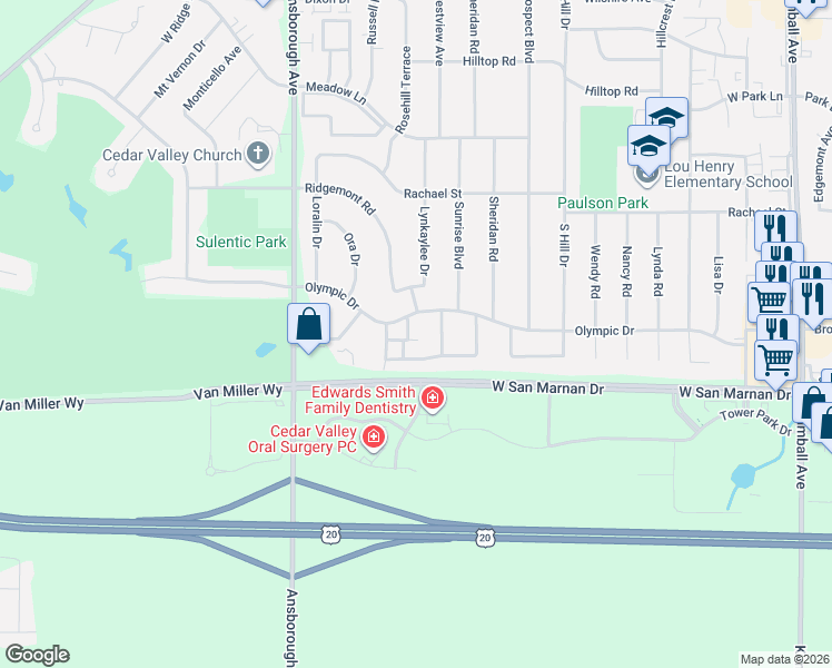 map of restaurants, bars, coffee shops, grocery stores, and more near 1026 Prairie Meadow Court in Waterloo