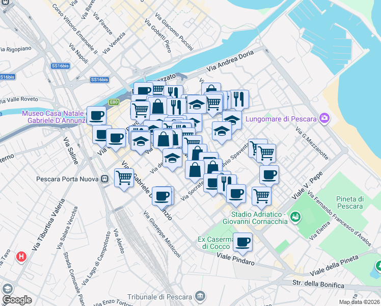 map of restaurants, bars, coffee shops, grocery stores, and more near 173 Viale Guglielmo Marconi in Pescara