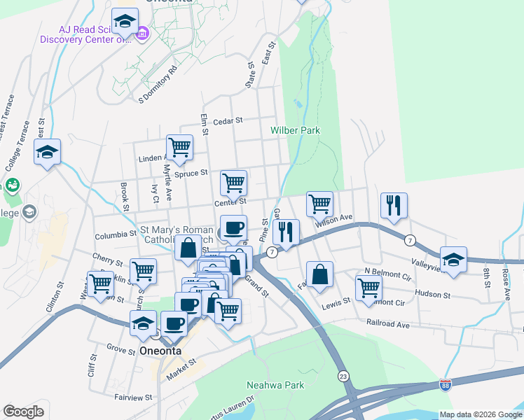 map of restaurants, bars, coffee shops, grocery stores, and more near 32 Pine Street in Oneonta