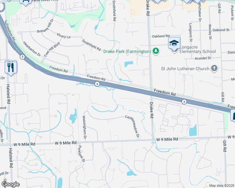 map of restaurants, bars, coffee shops, grocery stores, and more near 35674 Valley Creek in Farmington Hills
