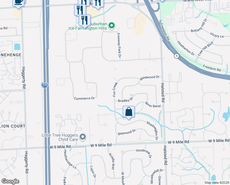 map of restaurants, bars, coffee shops, grocery stores, and more near 23033 Fox Creek in Farmington Hills