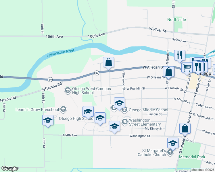 map of restaurants, bars, coffee shops, grocery stores, and more near 715 Franklin Street in Otsego