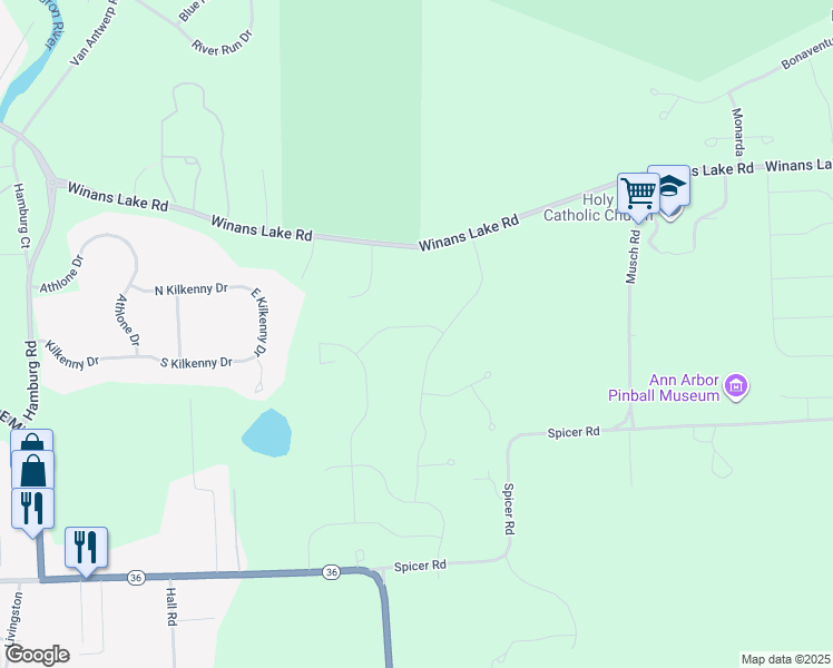 map of restaurants, bars, coffee shops, grocery stores, and more near 8240 Birchfield Drive in Brighton