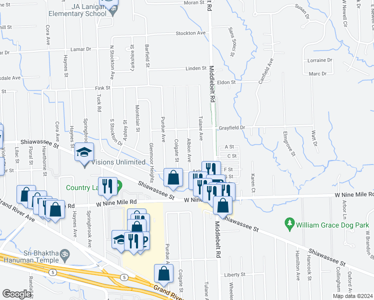 map of restaurants, bars, coffee shops, grocery stores, and more near 22741 Albion Avenue in Farmington Hills