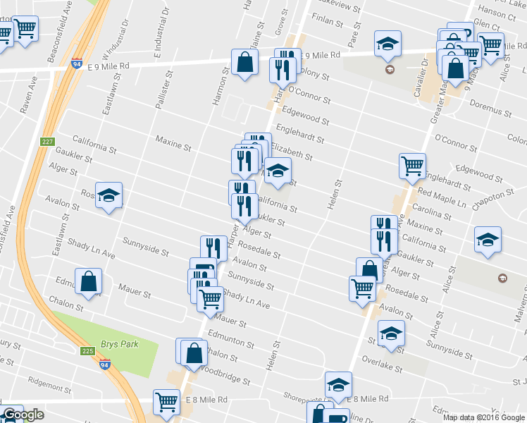 map of restaurants, bars, coffee shops, grocery stores, and more near 21530 Gaukler Street in St. Clair Shores