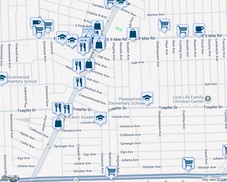 map of restaurants, bars, coffee shops, grocery stores, and more near 21805 Virginia Avenue in Eastpointe