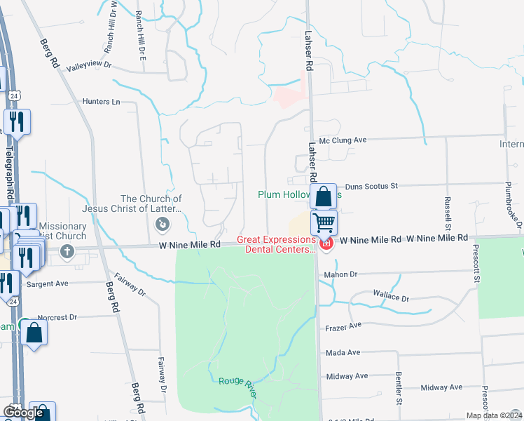 map of restaurants, bars, coffee shops, grocery stores, and more near 23175 Plum Hollow Street in Southfield