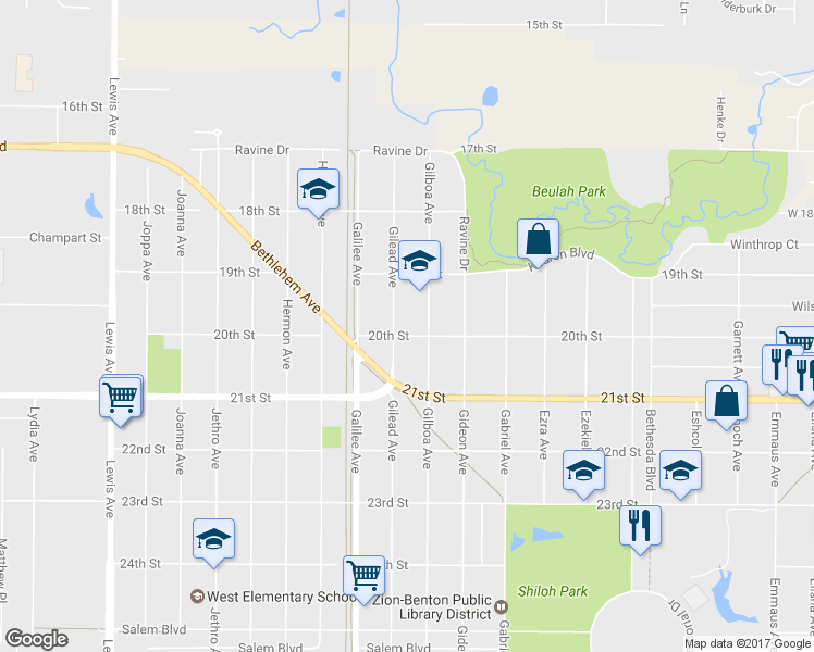 map of restaurants, bars, coffee shops, grocery stores, and more near 2216 20th Street in Zion