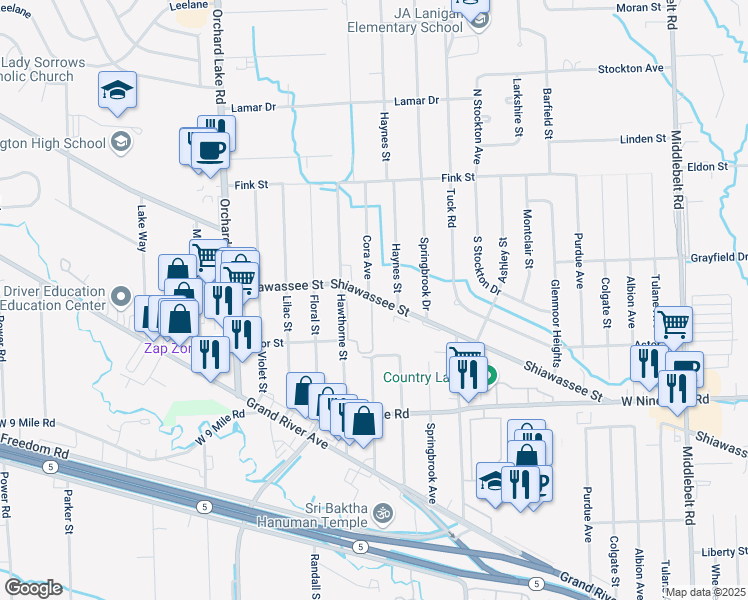 map of restaurants, bars, coffee shops, grocery stores, and more near 30627 Shiawassee Street in Farmington Hills