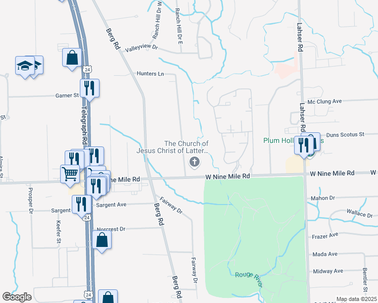 map of restaurants, bars, coffee shops, grocery stores, and more near 23222 Hunters Lane in Southfield