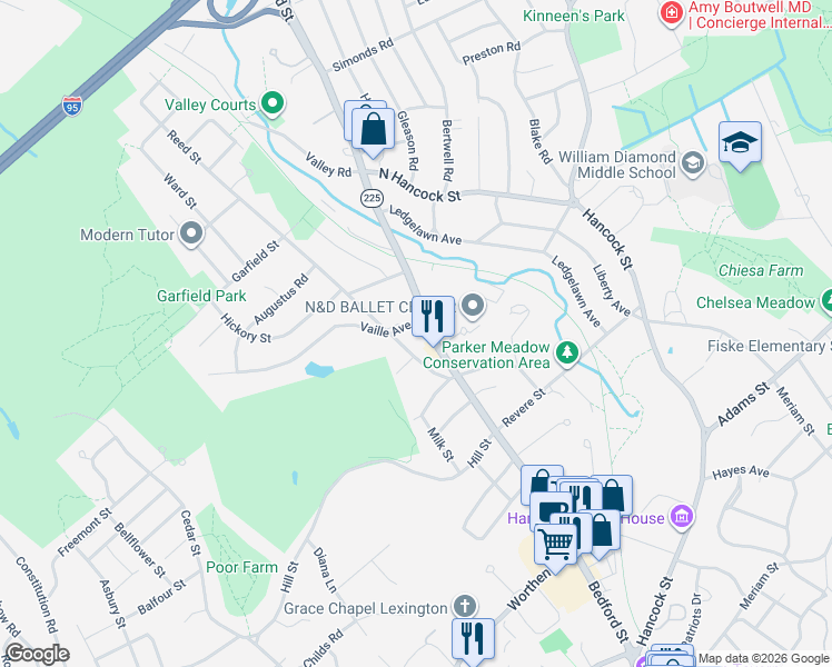 map of restaurants, bars, coffee shops, grocery stores, and more near 186 Bedford Street in Lexington