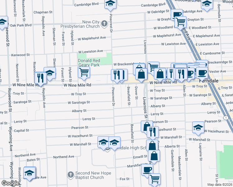 map of restaurants, bars, coffee shops, grocery stores, and more near 1633 Pinecrest Drive in Ferndale