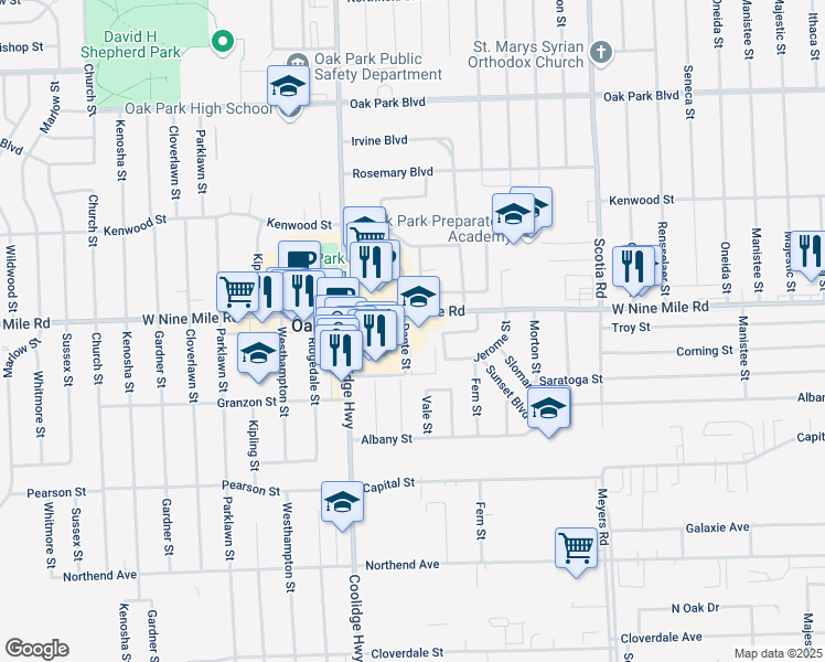map of restaurants, bars, coffee shops, grocery stores, and more near 13401 West Nine Mile Road in Oak Park