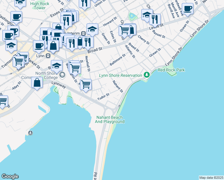 map of restaurants, bars, coffee shops, grocery stores, and more near 23 Tudor Street in Lynn