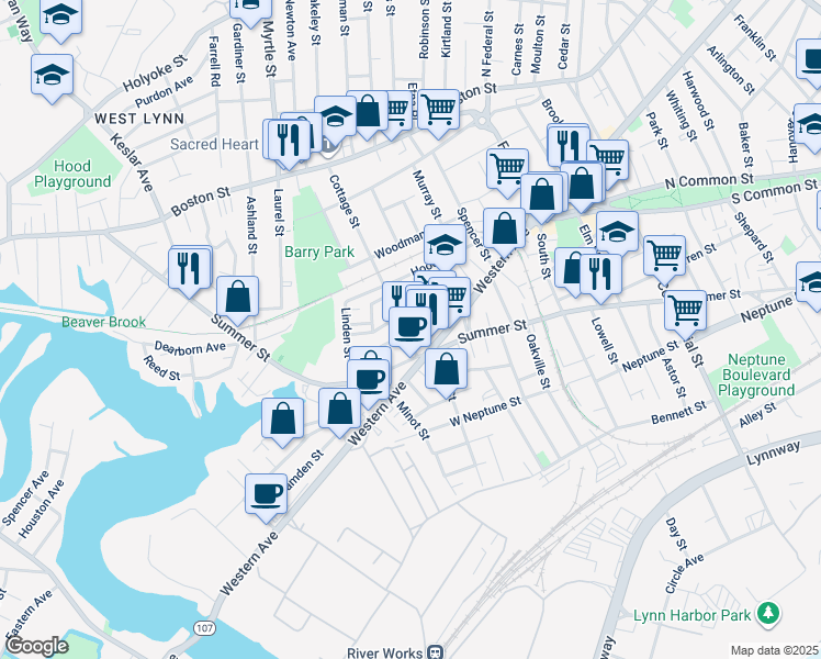 map of restaurants, bars, coffee shops, grocery stores, and more near 16 Cottage Street in Lynn