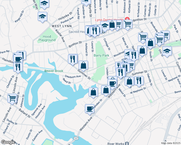 map of restaurants, bars, coffee shops, grocery stores, and more near 1 Border Street in Lynn