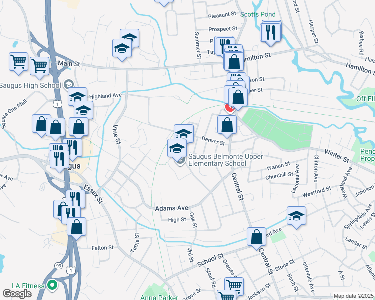 map of restaurants, bars, coffee shops, grocery stores, and more near 14 Maple Road in Saugus