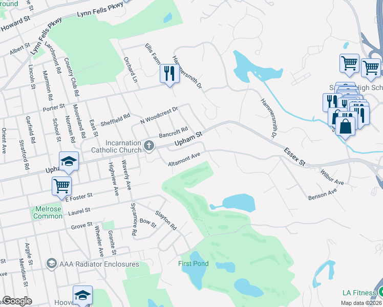 map of restaurants, bars, coffee shops, grocery stores, and more near 75 Altamont Avenue in Melrose