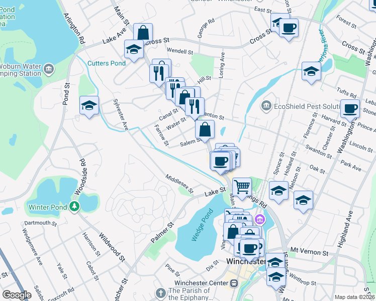map of restaurants, bars, coffee shops, grocery stores, and more near 44 Clark Street in Winchester