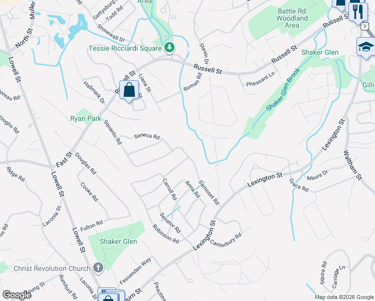 map of restaurants, bars, coffee shops, grocery stores, and more near 22 Samoset Road in Woburn