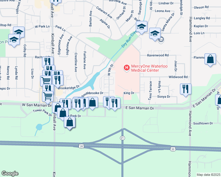 map of restaurants, bars, coffee shops, grocery stores, and more near 359 Southbrooke Drive in Waterloo