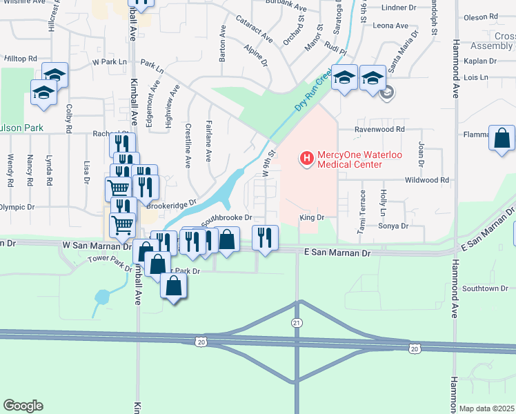 map of restaurants, bars, coffee shops, grocery stores, and more near 359 Southbrooke Drive in Waterloo