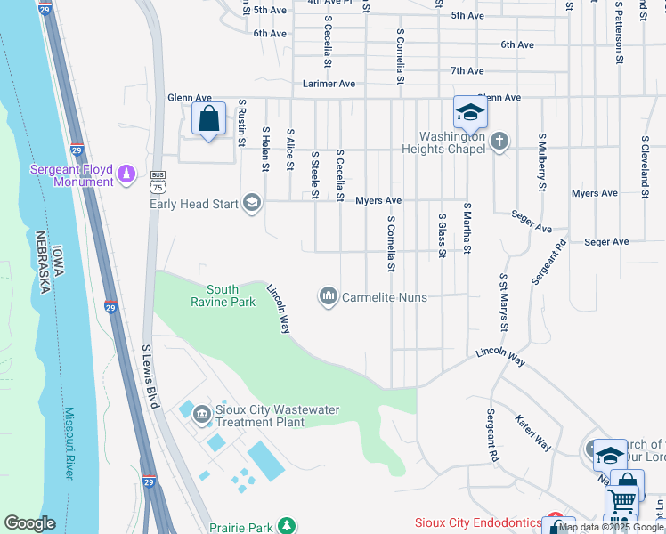 map of restaurants, bars, coffee shops, grocery stores, and more near 2801-2999 South Cecelia Street in Sioux City