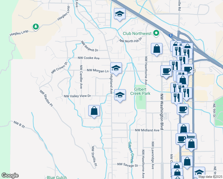 map of restaurants, bars, coffee shops, grocery stores, and more near Northwest Highland Avenue in Grants Pass