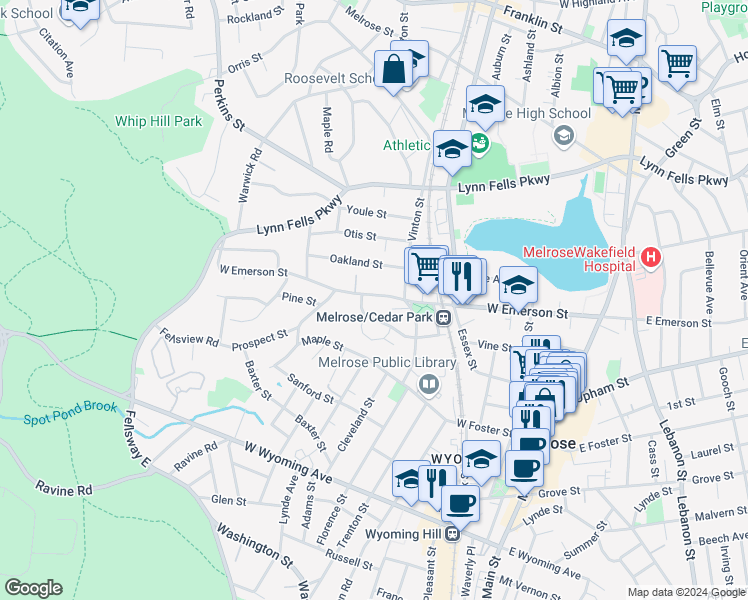 map of restaurants, bars, coffee shops, grocery stores, and more near 206 West Emerson Street in Melrose