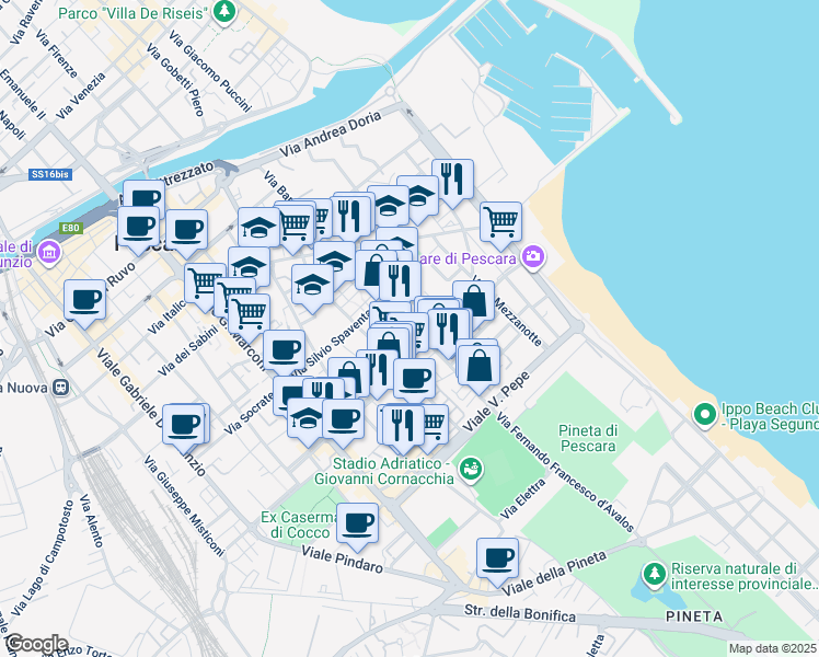 map of restaurants, bars, coffee shops, grocery stores, and more near 6/3 Via Ramiro Ortiz in Pescara