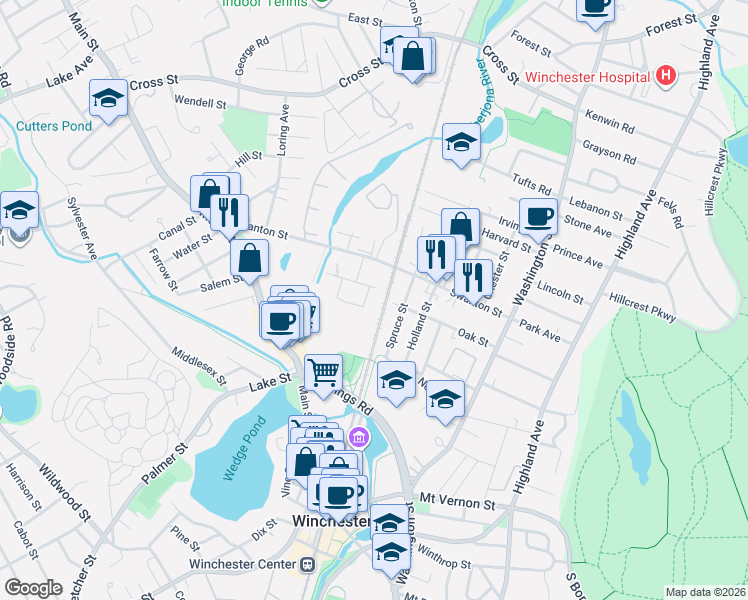 map of restaurants, bars, coffee shops, grocery stores, and more near 84 Oak Street in Winchester
