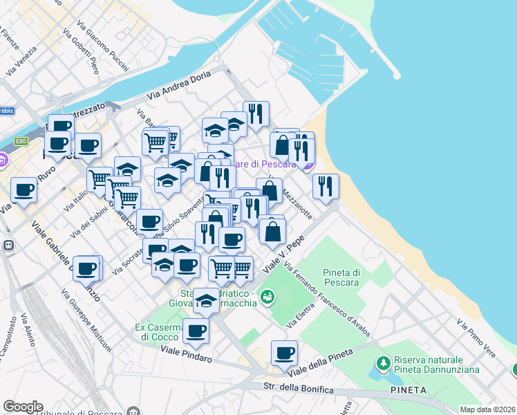 map of restaurants, bars, coffee shops, grocery stores, and more near 132 Viale D'Avalos in Pescara