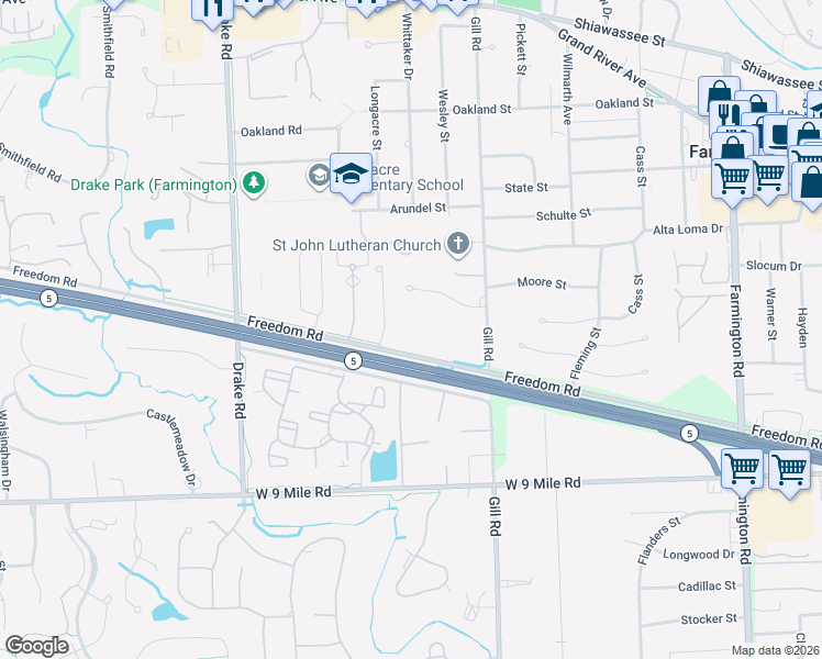 map of restaurants, bars, coffee shops, grocery stores, and more near 23010 Julieann Court in Farmington Hills