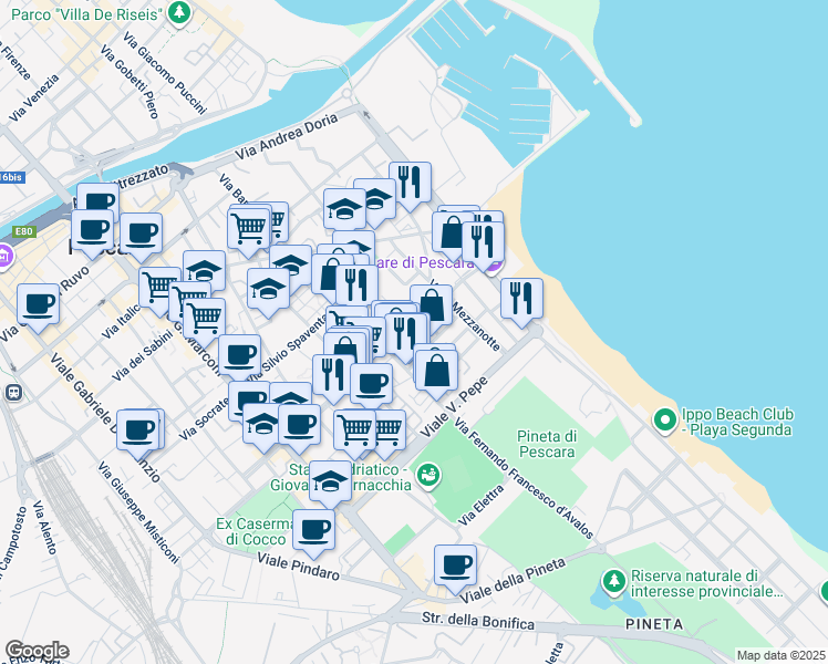 map of restaurants, bars, coffee shops, grocery stores, and more near 132 Viale D'Avalos in Pescara