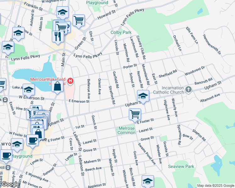 map of restaurants, bars, coffee shops, grocery stores, and more near 174 East Emerson Street in Melrose