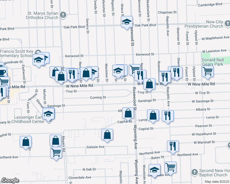 map of restaurants, bars, coffee shops, grocery stores, and more near 10140 Corning Street in Oak Park