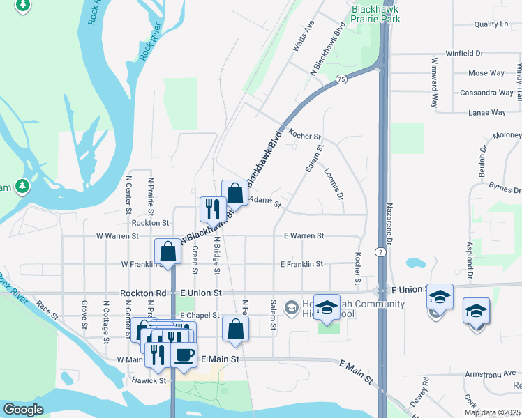 map of restaurants, bars, coffee shops, grocery stores, and more near 418 Adams Street in Rockton