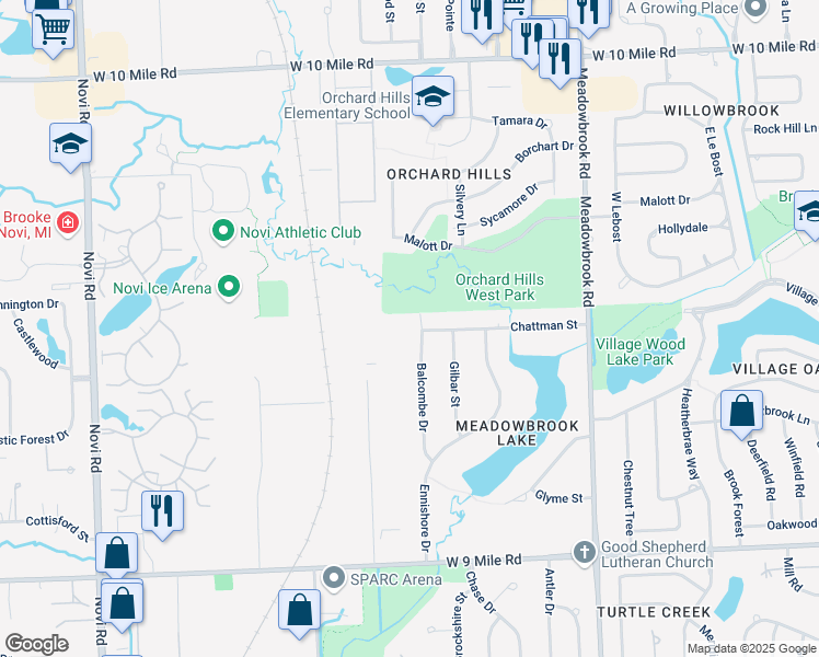 map of restaurants, bars, coffee shops, grocery stores, and more near 23233 Balcombe Drive in Novi