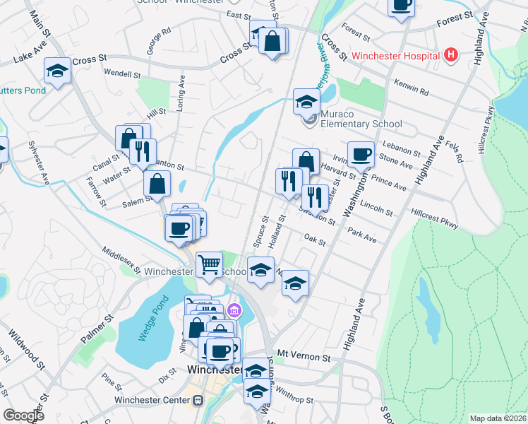 map of restaurants, bars, coffee shops, grocery stores, and more near 79 Oak Street in Winchester