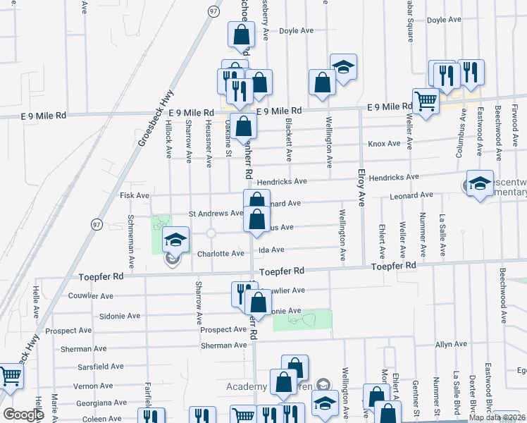 map of restaurants, bars, coffee shops, grocery stores, and more near 13681 Julius Avenue in Warren