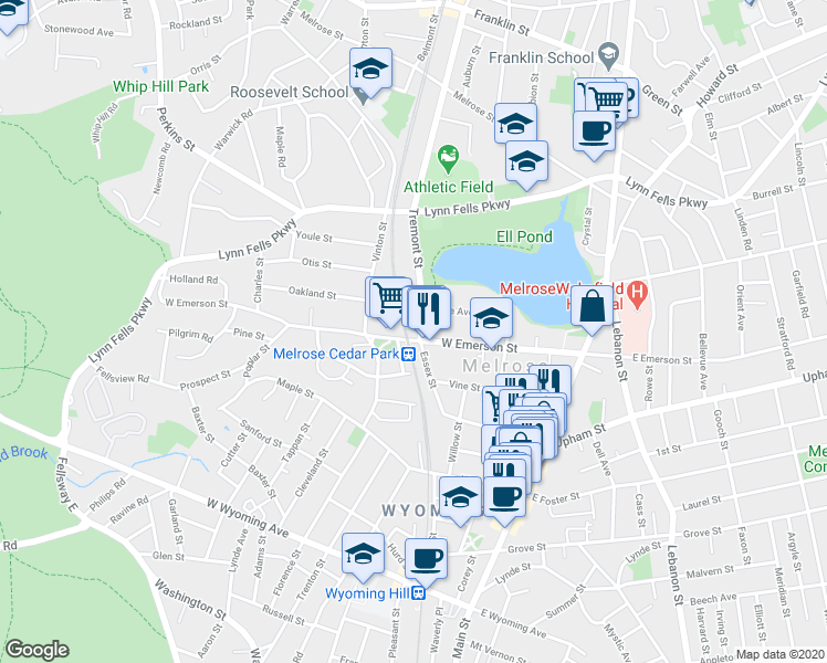 map of restaurants, bars, coffee shops, grocery stores, and more near 223 Essex Street in Melrose