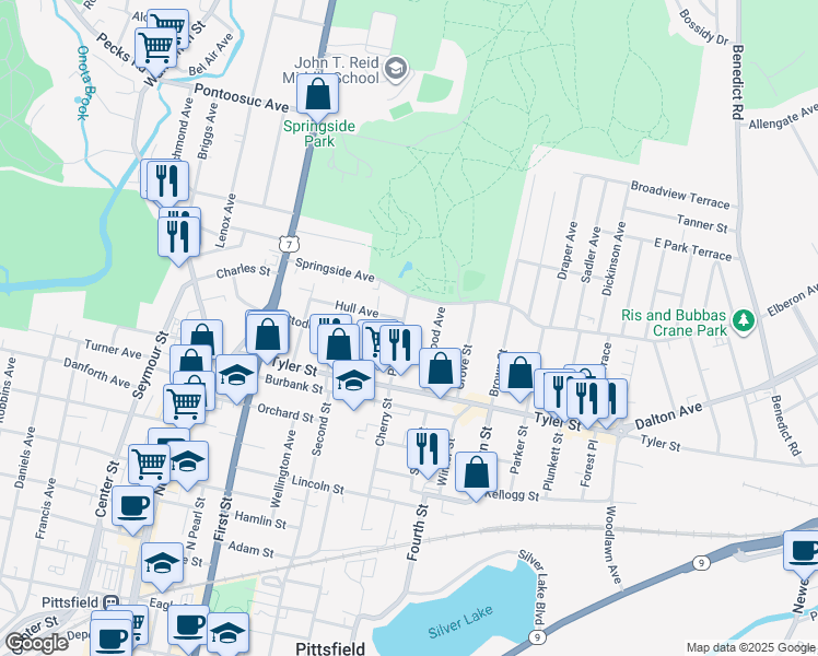 map of restaurants, bars, coffee shops, grocery stores, and more near 125 Stoddard Avenue in Pittsfield