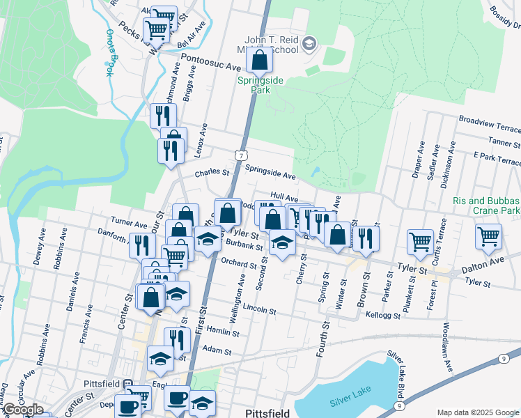 map of restaurants, bars, coffee shops, grocery stores, and more near 14 Myrtle Street in Pittsfield