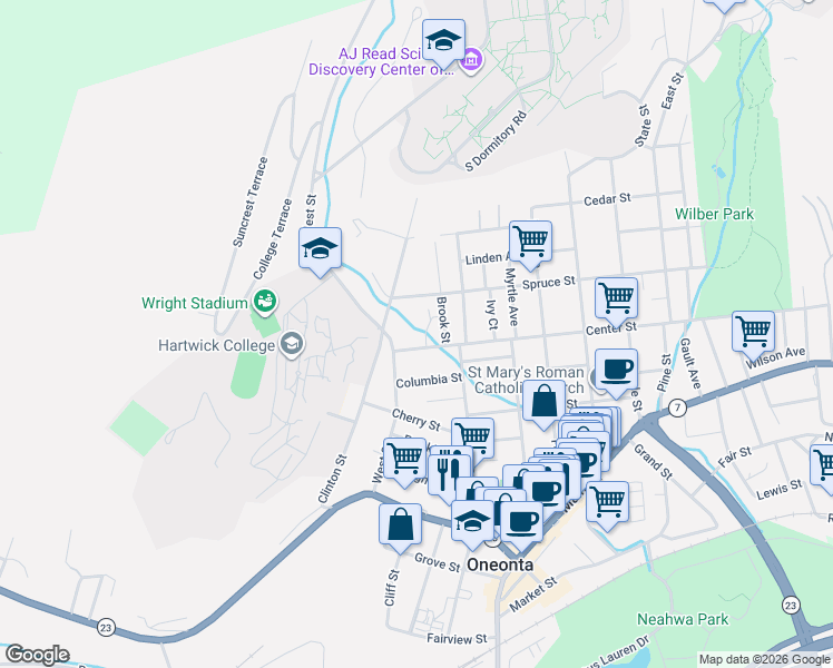 map of restaurants, bars, coffee shops, grocery stores, and more near 54 West Street in Oneonta