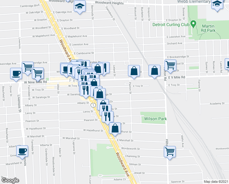 map of restaurants, bars, coffee shops, grocery stores, and more near 356 East Saratoga Street in Ferndale