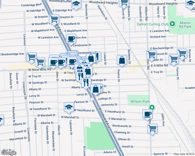 map of restaurants, bars, coffee shops, grocery stores, and more near 254 East Saratoga Street in Ferndale