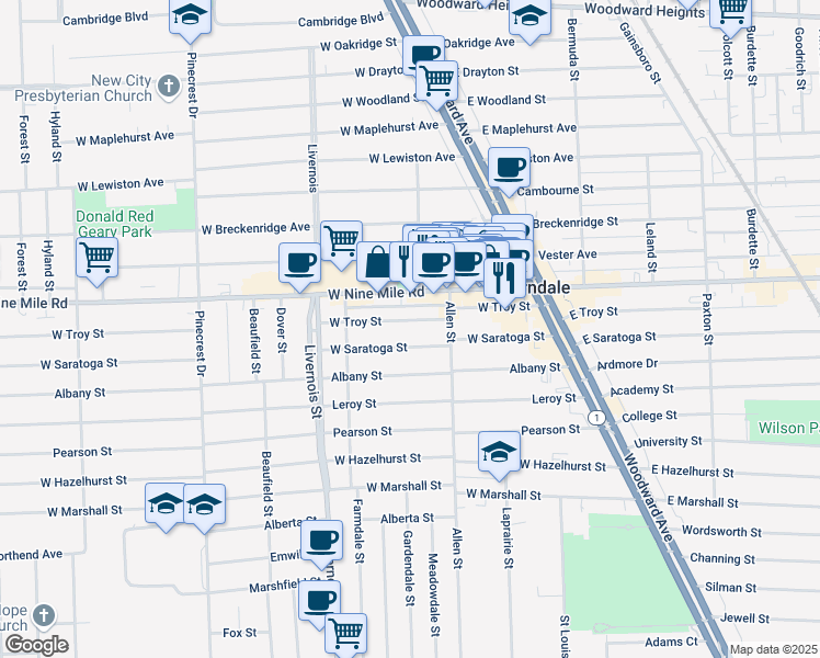 map of restaurants, bars, coffee shops, grocery stores, and more near 444 West Saratoga Street in Ferndale