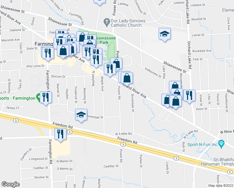 map of restaurants, bars, coffee shops, grocery stores, and more near 22819 Power Road in Farmington